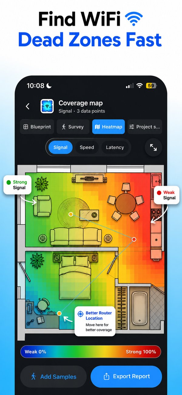 HeatFi WiFi heatmap finding dead zones and suggesting a better router location