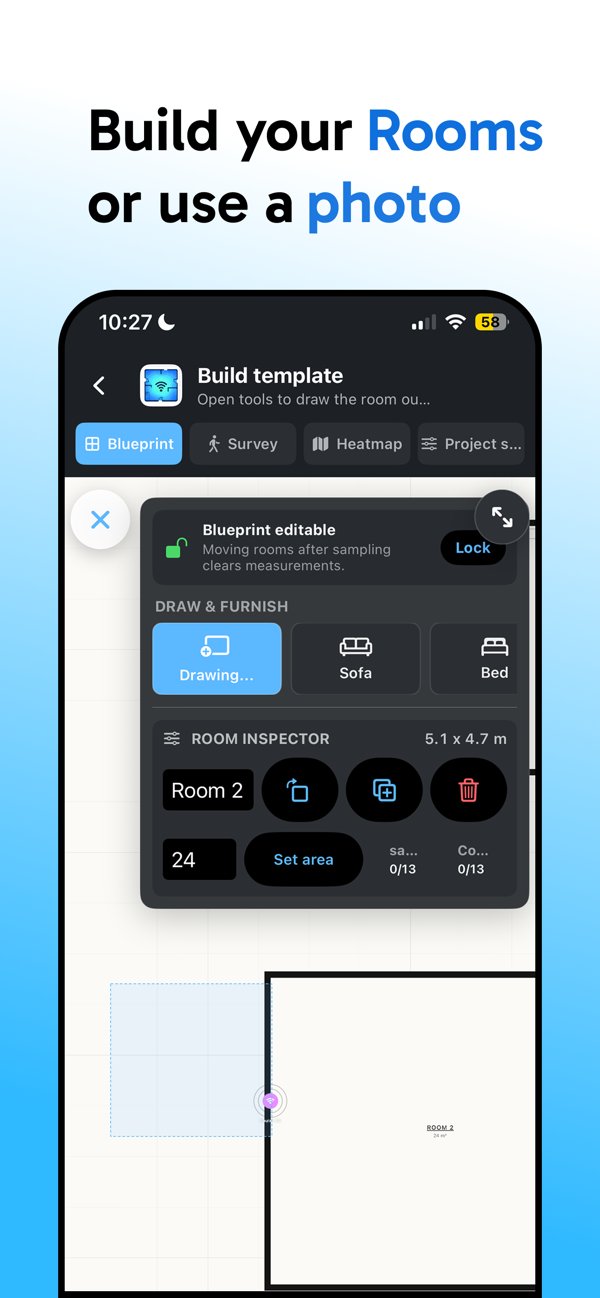 HeatFi blueprint editor — build your rooms or import a floor plan photo